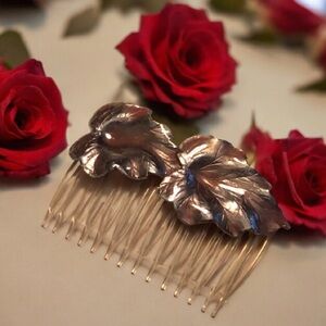 Vintage Unique Bridal Silver Toned Enameled Pink Accents Leaves Hair Comb